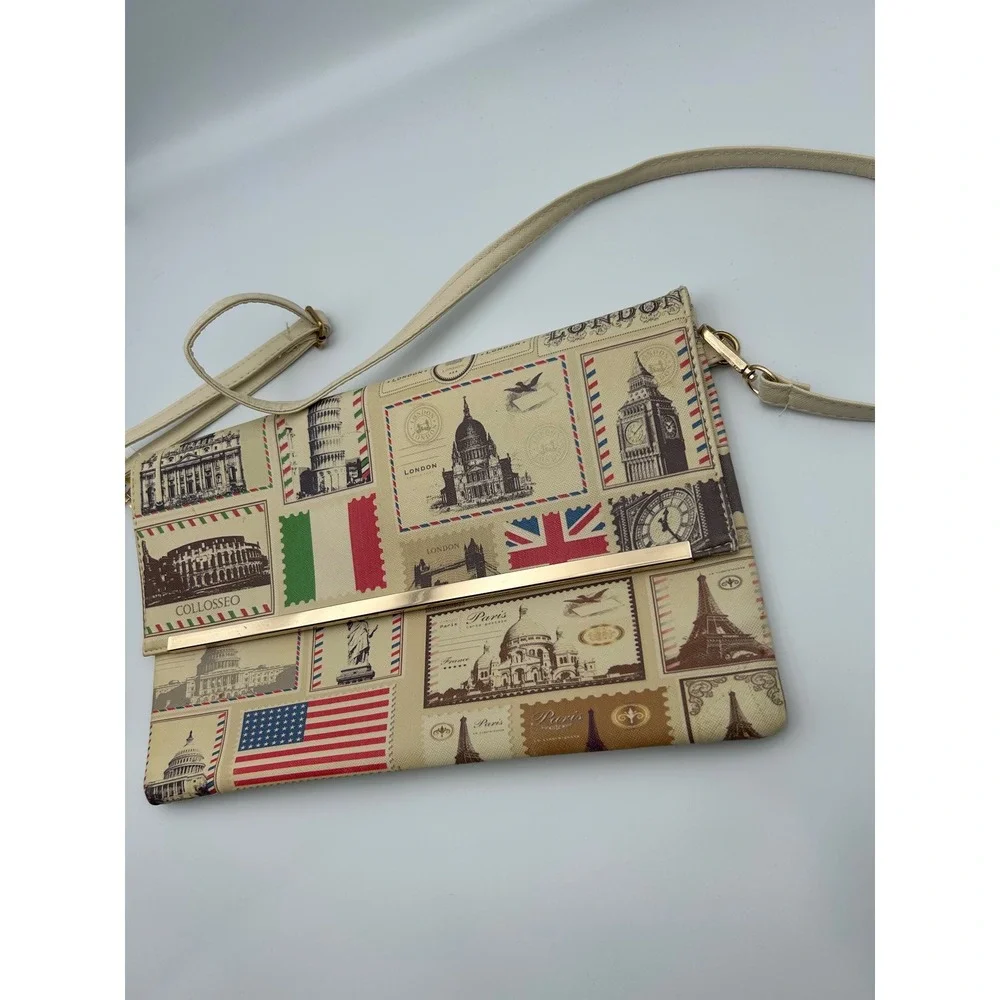 Travel Postage Stamp Print Crossbody Bag Global Landmark Clutch Cream‎ Gold Bar